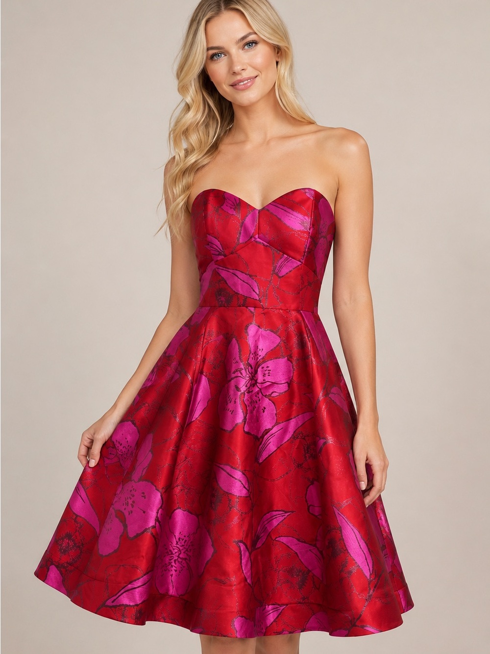Shoshanna Midnight Fit & Flare Strapless Red Dress with Pink Floral Print